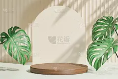 化妆品展示品架，木质圆筒形讲台，以绿叶为背景的粉彩拱墙。3 d渲染图
