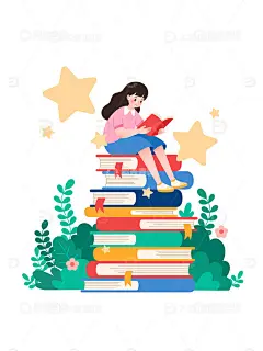 扁平风坐在书堆上看书阅读学习的女孩矢量插画高清模板免费下载-趣麦麦图