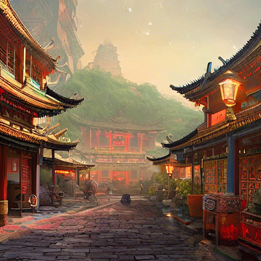 中国古代商业街，色彩丰富生动，环境照明，高度细节，艺术站趋势，greg rutkowski，thomas kinkade