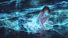 夜晚 海边 女孩 微笑 海水 4k动漫壁纸 4k手机壁纸 @ 3440x1440 - 4K高清壁纸