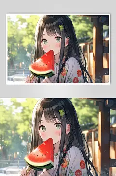 AI数字艺术夏季吃西瓜卡通插画
