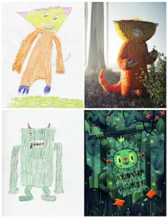 之前发过的一个国外项目“ The Monster  ”，让孩子画出心目中的妖怪和怪兽，然后让艺术家们重新加工，你们感受一下孩子和艺术家的脑洞创意结合