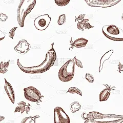 无缝的背景不同的蔬菜手绘风格的雕刻。不同的辣椒，鳄梨，西红柿。图形