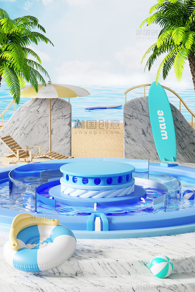 3D立体夏天海边展台场景图片_潮国创意