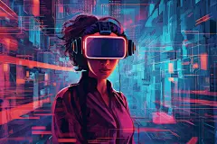 虚拟场景赛博朋克几何VR眼镜人物插画图片
