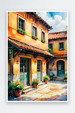手绘油画老房子四合院插画-众图网