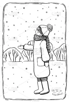 素描风格，图形矢量插图。小女孩在一场雪中行走。黑色轮廓画孤立在白色。冬天的假期。快乐的童年。海报、印