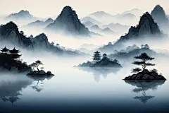 古韵设计中国风水墨山水画装饰插画