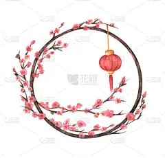 传统中国圆框。灯笼和樱花树。