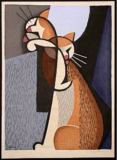 日本艺术家Tomoo Inagaki (1902-1980) 的木版画猫咪