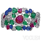 卡地亚高级珠宝Sortilège de Cartier系列手链：铂金，蓝宝石，祖母绿，红宝石，明亮式切割钻石，玫瑰式切割钻石。