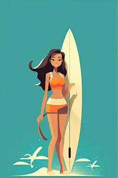 AI数字艺术卡通手绘夏季海滩冲浪运动插画