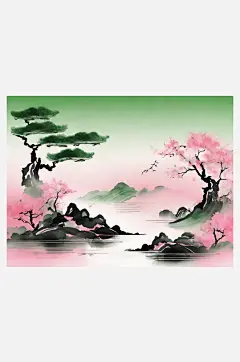 粉绿风景水墨画AI数字艺术-众图网