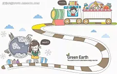 废物回收利用的男孩女孩插画|道路|地球|电子产品|电子设备|废物回收利用|高科技|高速公路|幻想|卡车|卡通|卡通人物|卡通人物图片|科技|垃圾箱|漫画人物|男孩|女孩|人物插画|人物素材|人物图片|扫描|矢量人物|太阳|想象