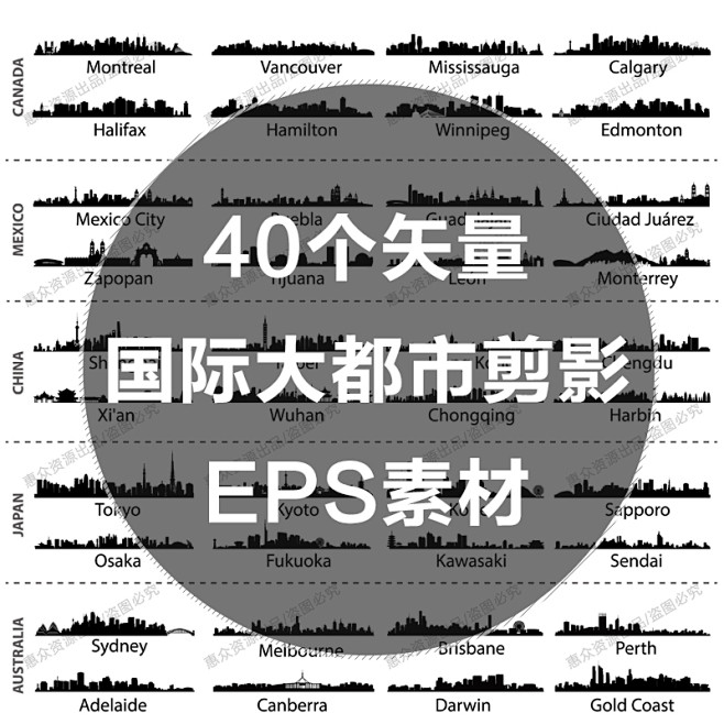 40个国际都市城市影子剪影地标建筑eps...