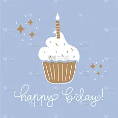 矢量插图的甜纸杯蛋糕与蜡烛。手绘书法“生日快乐”。周年纪念、明信片、贺卡的概念。设计印刷品到社交媒体