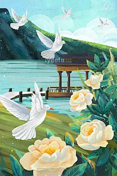 手绘中国风花鸟绿叶国画童话故事插图海报psd设计素材i2072205-淘宝网