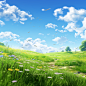 The green grass of the meadow against a blue sky, in the style of whimsical anime, 32k uhd, flower and nature motifs, realistic and hyper - detailed renderings, pastoral charm, soft and dreamy atmosphere