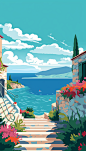 扁平风地中海爱琴海地标旅游景点插画