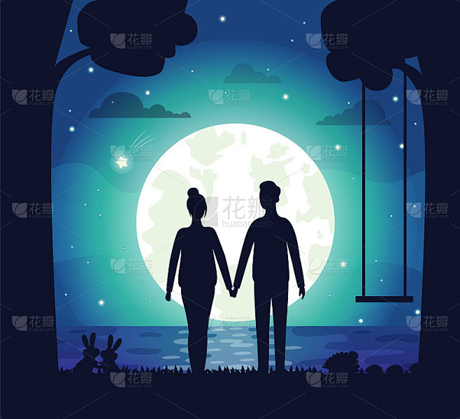 浪漫的情侣在夜晚，约会人和月亮