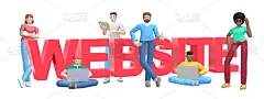 一群拥有笔记本电脑、平板电脑、电话和文字网站的年轻的多民族成功人士。横横幅卡通人物和文字网站口号。3