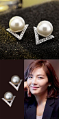 Unique Diamond Triangle Silver Pearl Inlay V Shape Lady Earring Studs is so cute! #shape #lady #earring #triangle #silver #pearl