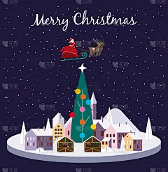 冬季城市景观城镇建筑古老的欧洲。圣诞贺卡极简风格，圣诞老人与鹿在夜空中。时尚矢量插图平面