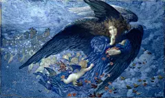 Night with Her Train of Stars爱德华·罗伯特·休斯Edward Robert Hughes（1851-1914）英国画家，他是第二代拉斐尔前派艺术家中备受尊敬的人物。休斯与他的同时代人一样受到拉斐尔前派影响并继续实践，关注现实主义和鲜艳色彩的品质。休斯保持着这些传统，并喜爱浪漫和象征性的主题，直到二十世纪。他的作品具有文学性与神话性，以绘画语言表现朦胧的意境，充满神秘的感觉。他的那些作品如飘渺虚无的星际世界，日月星辰，星球中的星际美人，迷蒙而淡雅，有一种难以言说的感觉。他的画已