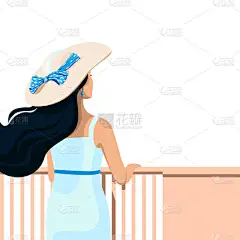 戴着夏帽、头戴蝴蝶结、身穿紧身衣的女孩向远方望去。白色背景上孤立的平面插图。旅行和休息。邀请函、小册