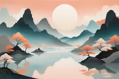 古墨国潮风扁平山水意境插画