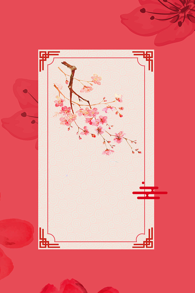 新年签桃花红色古风春节背景海报背景图片素...