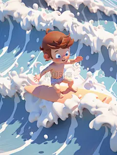 夏天夏季冲浪海浪大海海水数字插画
