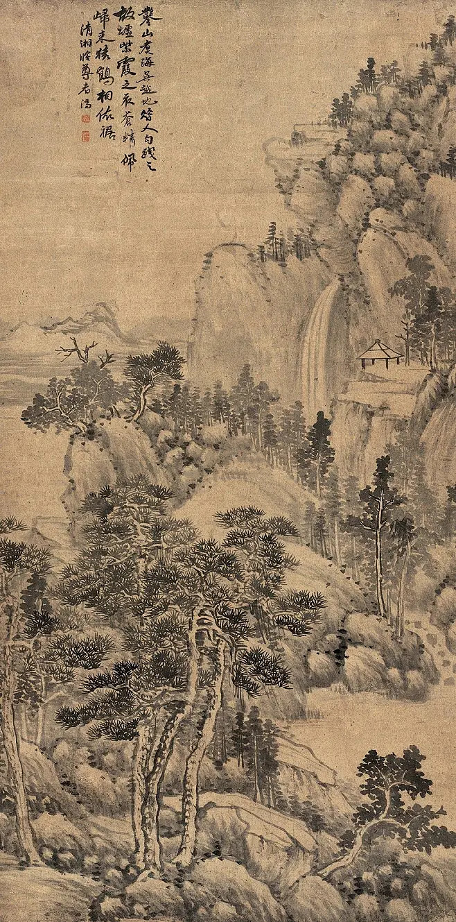 凿山煮海吴越地，昔人勾践之故墟。紫霞之衣苍精佩，归来猿鹤相衣裾。 （清 石涛 山水） 