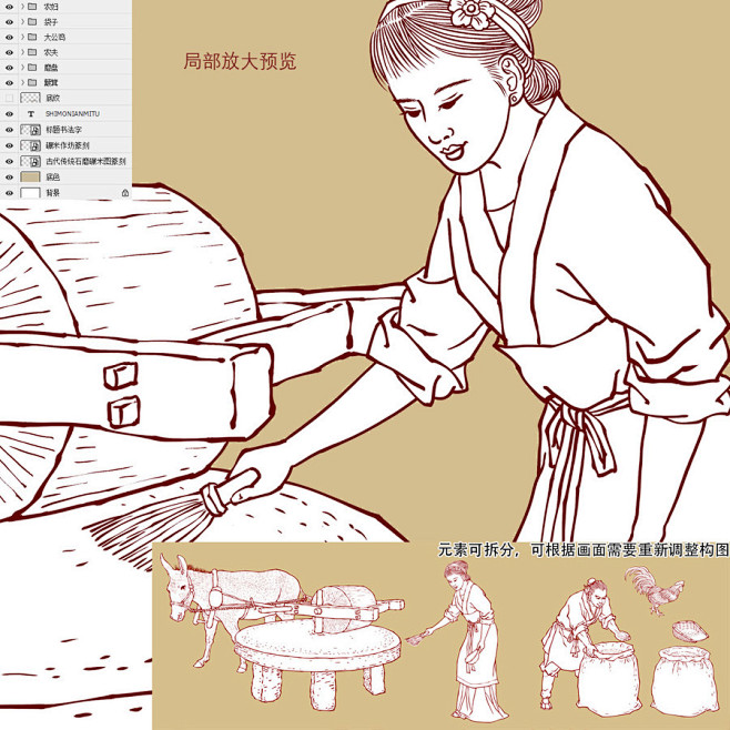 石磨 碾米 石磨小米 毛驴拉磨 磨盘 五谷杂粮 手绘粮食插画 插图 壁画挂画 加工图 传统工艺 手工作坊 包装设计 古代人物 古法