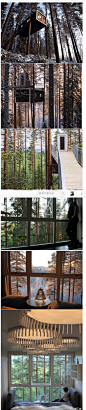 Cyrén & Cyrén 设计的美丽树屋“The Cabin”，位于瑞典北部，是“Treehotel”旅馆的七间房间之一。树屋离地面非常高，通过行人天桥才能达到甲板。凌空的设计提供了旅者惊人的景观。 木智工坊采集到【木头/家居/建筑/设计】@木智工坊 - 花瓣