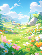 3D clay world, spring, Grassy meadow, flowers, Mid shot, Beautiful scenery, Colorful and bright, Large in size, The light is soft, Inspired by Alice in Wonderland, magic, fairy tales, Hyper Quality, distant view, animated lighting, cartoon-style, clay mat