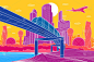 彩色基础设施城镇插图。火车在桥上行驶。现代城市以色彩为背景，高楼大厦、商务大厦、飞机在飞翔。矢量设计