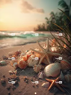 热带海滩度假贝壳和海星壁纸
