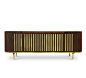 ANTHONY | SIDEBOARD : A stunning polished marble top is held by a solid walnut structure with golden brass details. Anthony Sideboard brings a playful geometric pattern on its doors, creating a unique contrast between the glossy gold and the dark walnut w