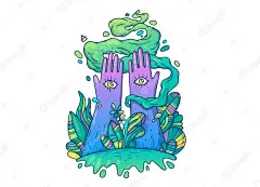 两只手在落叶植物中的眼睛。 创意卡通插图。 高级矢量
