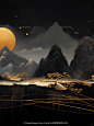 东方美学-鎏金山水|国风山水风景插画