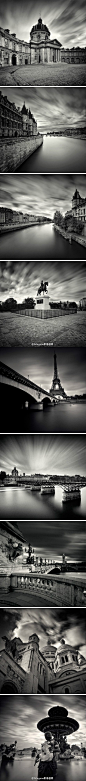 摄影师Damien Vassart的唯美巴黎黑白：在他所有的作品中，黑白巴黎和水边风景是不能不看的部分。他将建筑物、桥梁、雕塑与如同生命般的流动浮云有机结合，建筑与天空黑与白的强烈对比，创作了令人惊叹的完美作品。