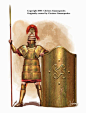 Artist's rendition of a Mycenaean warrior in full armour of the "Dendra" style, with a "Tower" shield. illustration by Christos Giannopoulos.