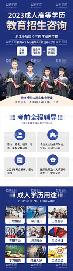 成人教育学历提升海报长图  - 源文件下载【酷图网】海报,长图,成人教育,学历提升,专升本,招生,考证,教育,高校,招生简章大学,考试,课程,蓝色,