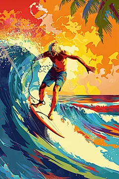 扁平风冲浪手绘夏季插画