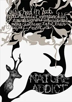 这个名为Nature Addict的时尚服装品牌的海报ファッションブランドのポスター，与2008年由日本设计师AD+D+I大黒大悟操刀完成，用动物形象与虚幻的形体糅合在一起，黑白灰与正负性的巧妙结合，令人赏心悦目。【Hany出品，喜欢分享】@北坤人素材