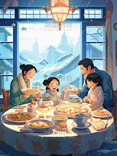 潮国创意餐桌上的美食冬至节气卡通插画10饺子