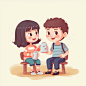 Two children are watching with milk in their hands,flat,cartoon