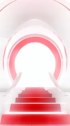 a white abstract scene with a red colored stairway, in the style of circular shapes, 32k uhd, streamlined design, rim light, utilizes, technological design, innovative page design