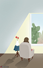 窗户绿树鲜花花瓶沙发静坐关爱女性插画 人物插画 情感关怀